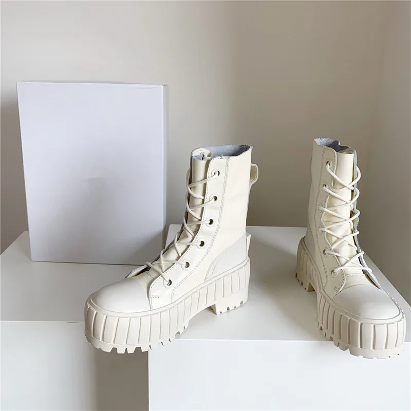 

2022 White Leather Short Boots Women Winter New Platform Shoes Casual Fashion Ankle Boots Natural Cowhide Martinboots Antiskid