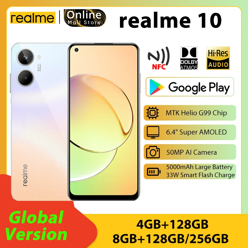 Global Version realme 10 Smartphone 5000mAh battery 33W Flash Charge 200% Super Volume 50MP ultra-clear camera Cellphone