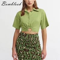 bomblook x22tp126 2022 summer new solid color ultra short metal button crop top shirt casual commuter essentials