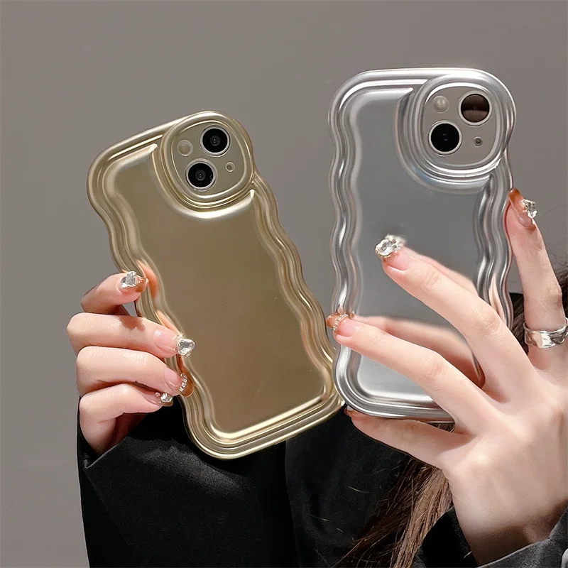 

Корейский Гальванизированный Золотой волнистый милый чехол для телефона iPhone 14 Pro 11 12 13 Pro Max, мягкий модный IMD Силиконовый противоударный чех...