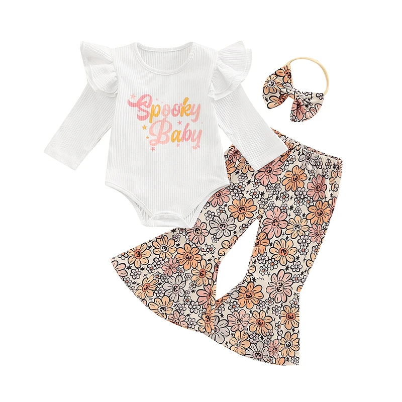 

2022 baby clothes new born Girl\u2019s Clothe Set Letter Romper and Flower Flared Trousers Headband 3pcs Toddler Clothing