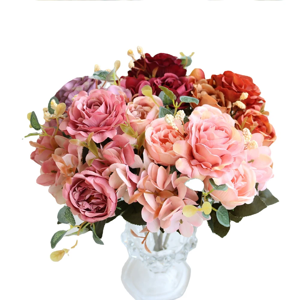 

30cm Artificial Silk Flowers Rose Pink Peony Bouquet DIY Bride Wedding Rose Fake Flowers Arrangement Fall Decorations for Home