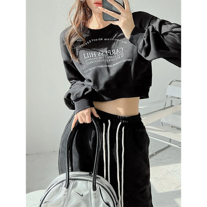 

Autumn/Winter New TVVOVVIN Letter Print Pattern Long Sleeve Sweatshirts High Street Round Neck Short Women's Clothing YOMP