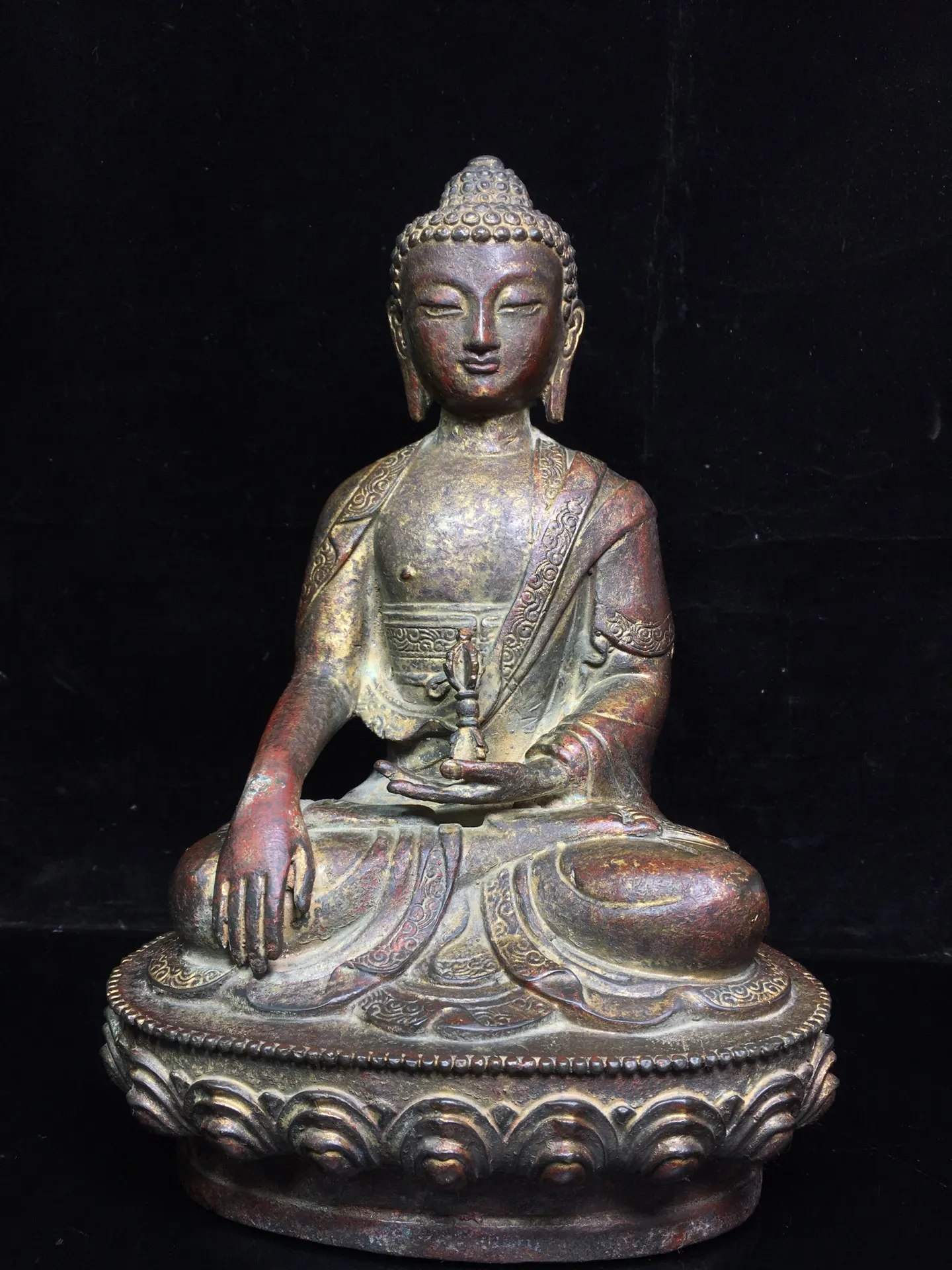 

11" Tibetan Temple Collection Old Bronze Cinnabar mud gold Shakyamuni Buddha care pagoda lotus platform Sitting Buddha Exorcism