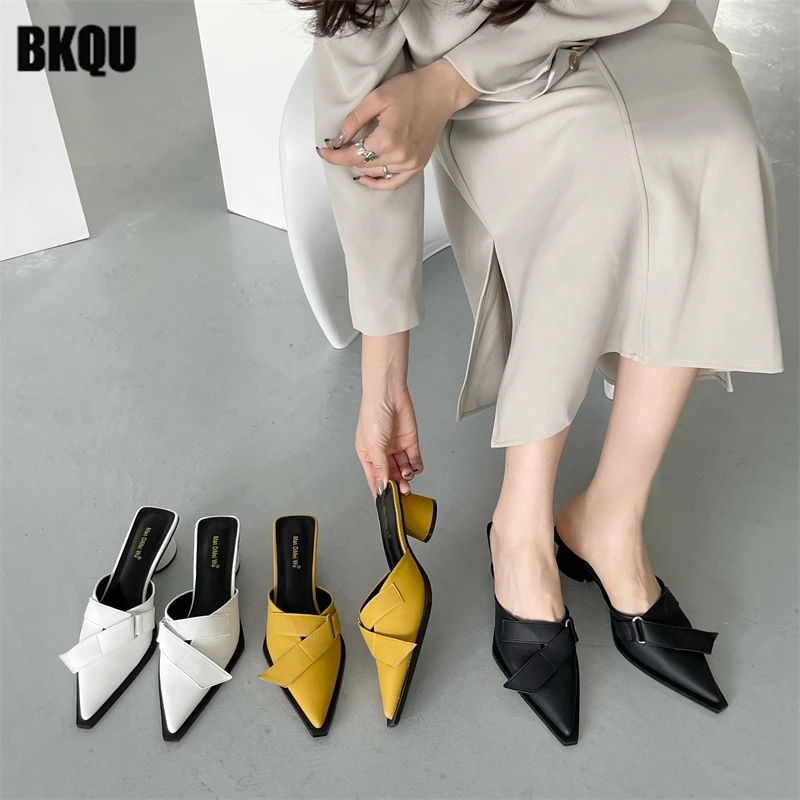 

New Design Women Mules Knot 2022 Summer Slippers Thick Heels Ladies Fashion Dress Slides Outside Elegant Shoes Trend Pumps