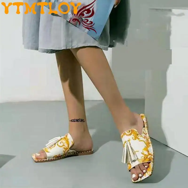 

Summer new style handmade ethnic style totem tassel soft cloth flat bottom ladies slippers fashion casual all-match