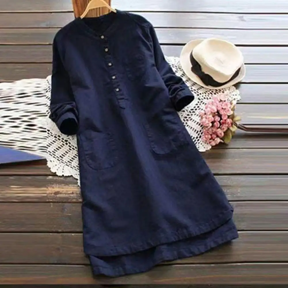 

Patchwork Ladies Asymmetrical Pockets Dress for Office Shirt Dress Patchwork Ladies Asymmetrical Pockets Dress for Office