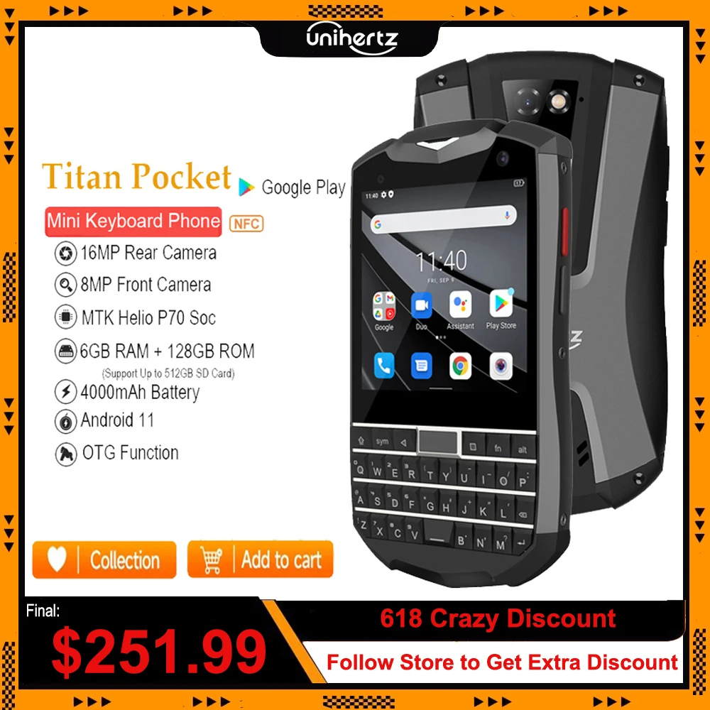 Unihertz Titan Pocket QWERTY Keyboard Portable Smartphone 4G Android 11 6GB 128GB Octa Core Dual SIM Unlocked NFC Mobile Phone