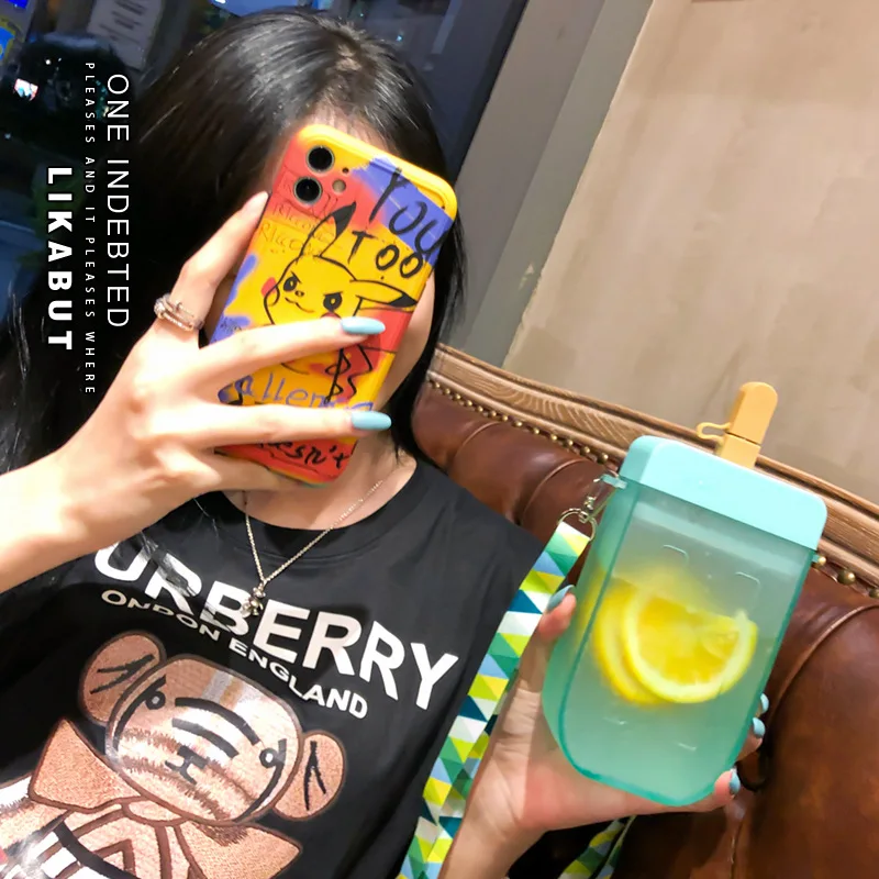 

Cute Girl Heart Diagonal Water bottle Student Ins Fruit Popsicle shape Child Portable Korean Plastic Cold Drink Cup with Straw