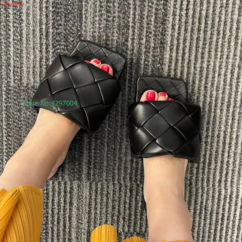 2022 Big Size 42 New Fashion Square Toe Weave High Heels Shoes Women Slippers Leather Designer Ladies Beach Sandals Slides Shoes images - 6