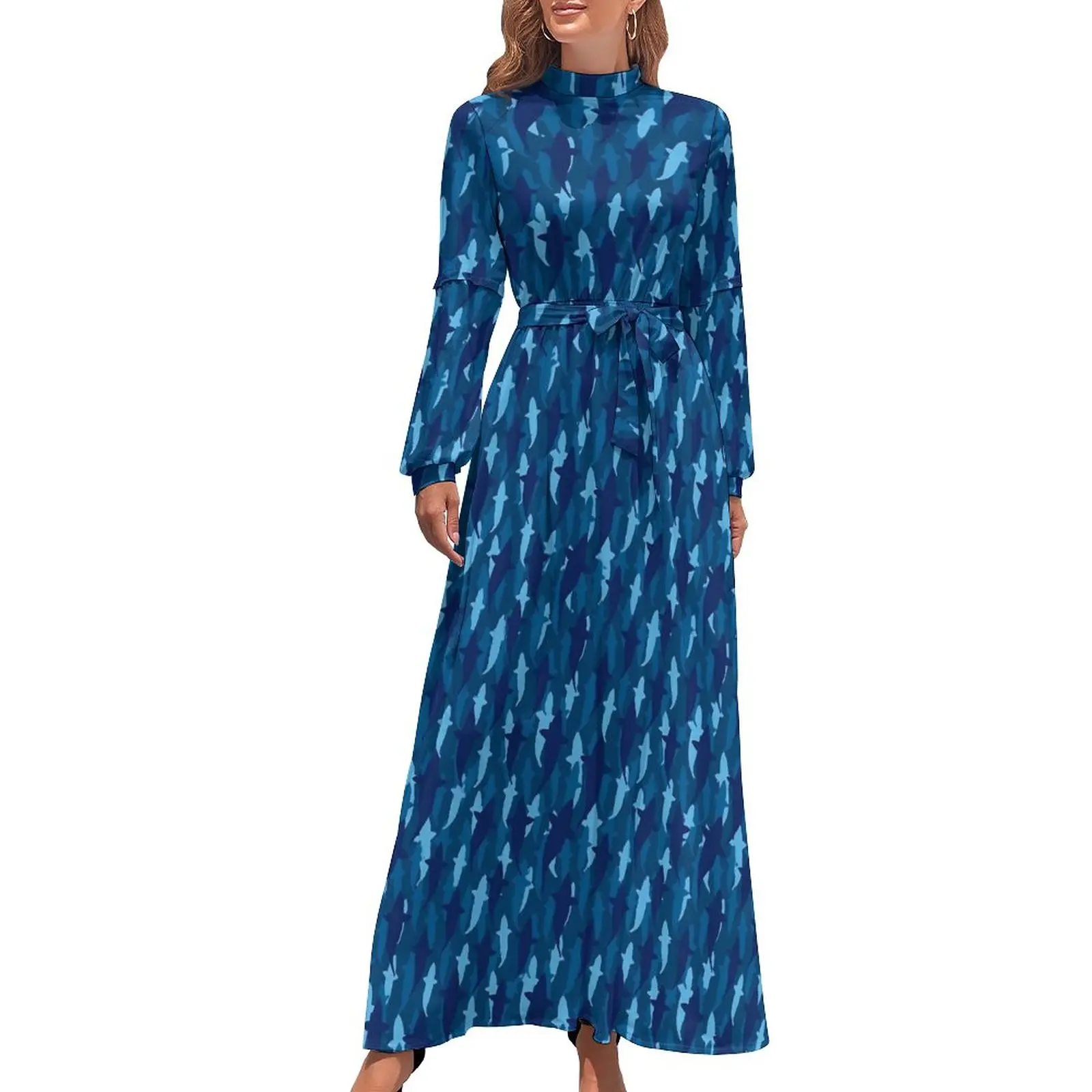 

Shark Bite Dress High Waist Animal Print Custom Boho Beach Dresses Long Sleeve Aesthetic Long Maxi Dress Elegant Clothes