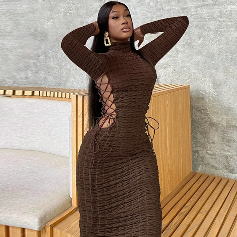 

Znaiml 2022 Ruched Lace Up Hollow Out Long Sleeve Bodycon Midi Dresses Women Autumn Club Party Birthday Dress Outfits