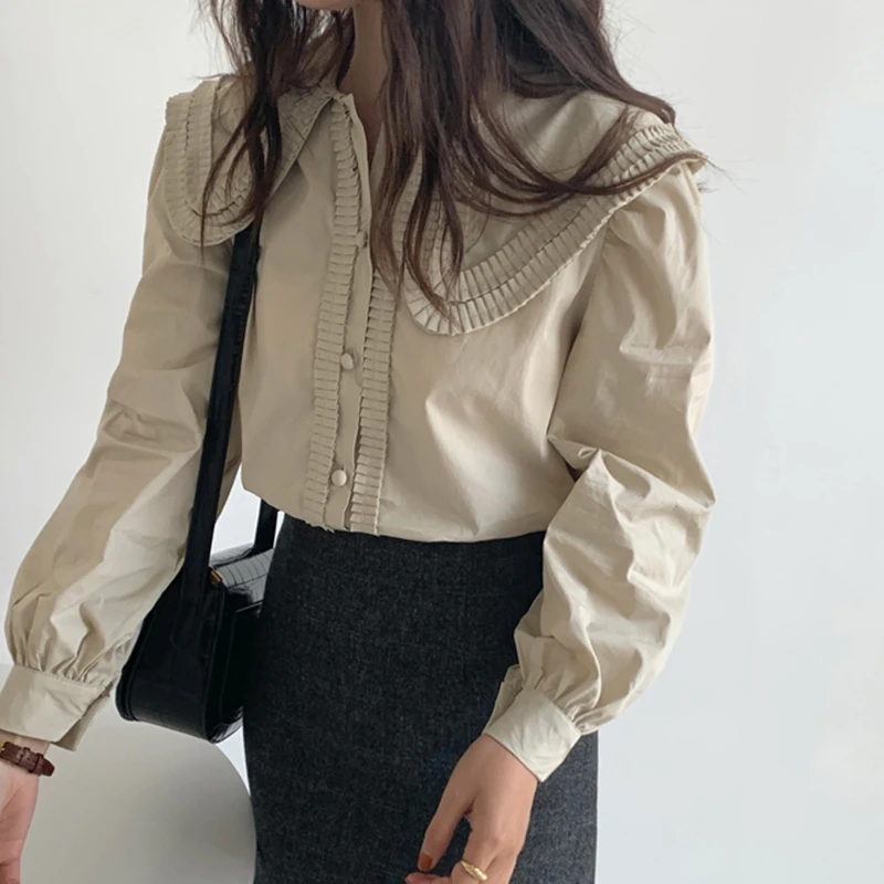 Винтажный буф с длинным рукавом Женская белая рубашка отложным воротником