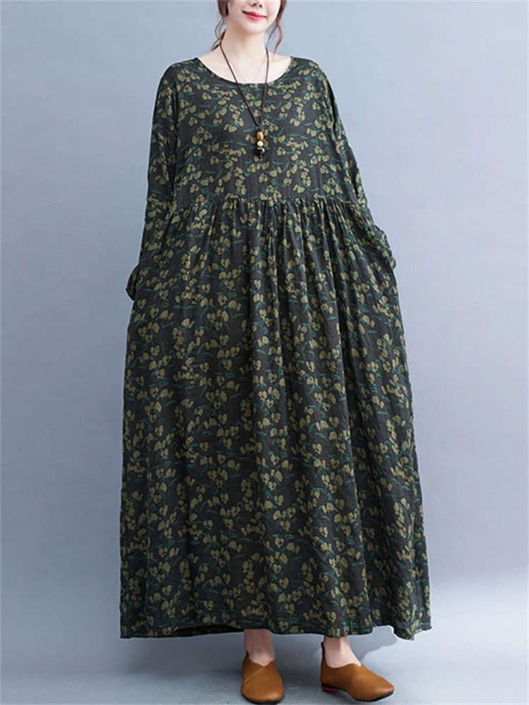 Женское Хлопковое платье с цветочным принтом повседневное свободное винтажное