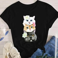 women t shirt cats flowers sweet clothing 2022 cute fashion print short sleeve summer lovely clothes female tops tees tshirt