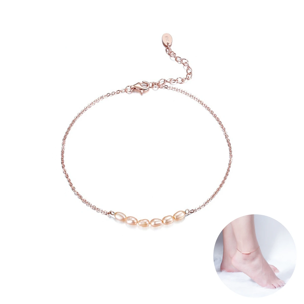 

Pearl Anklet Women 6 Rice Bead Sideway Simple Summer Beach Boho Dainty Rose Gold Foot Chain Jewelry Bridesmaid Anniversary Gift