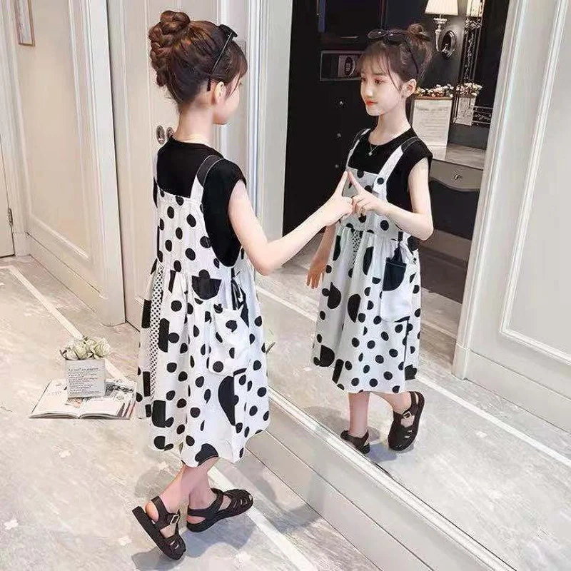 

Summer Children Clothing Sets for Girls Polka Dot Suspender Dress & Tshirt 2Pcs Teen Kid Clothes Suit Baby Girl Outfits