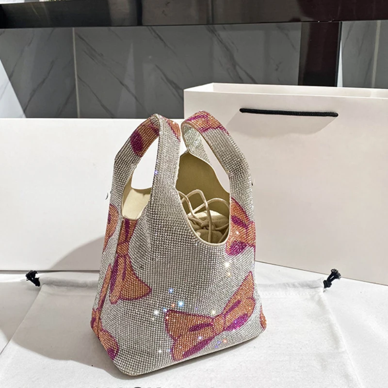 Rhinestone Bow Mini Bag Bucket Bow Ita Bag New Pink Women Handbag Tote Small Ladies Sling Bag Crossbody Messenger Bolso Mujer