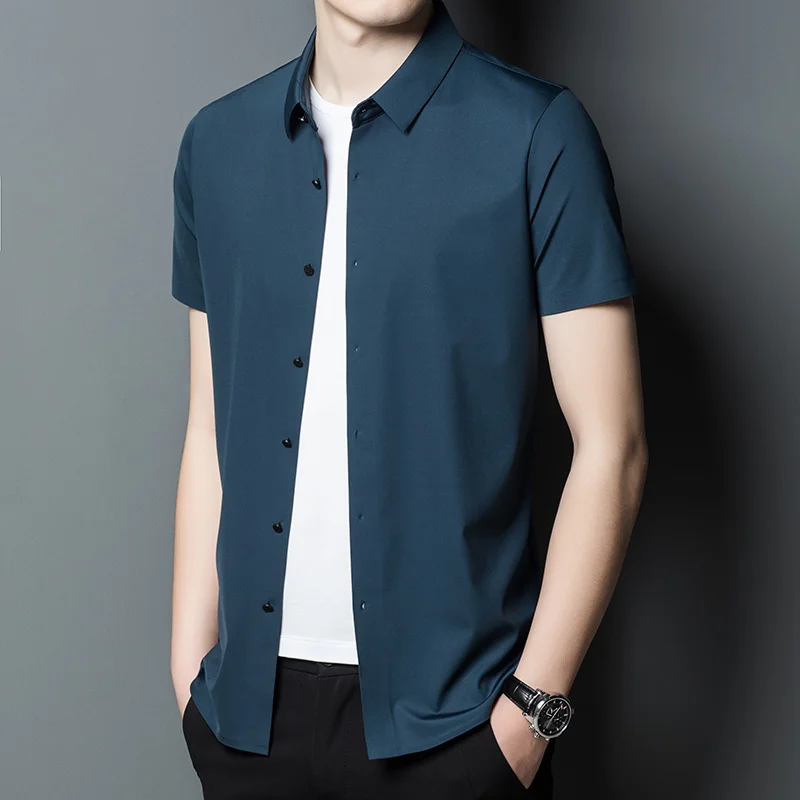 

Short-Sleeved Spring and Summer New Trendy Slim-Fitting Iron-Free High-End Business Casual Drape Men's Shirt