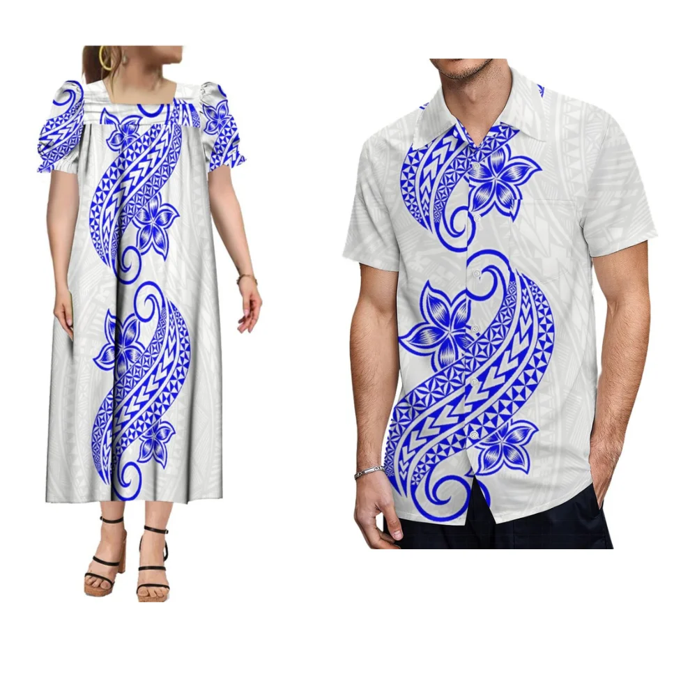 

Vintage Art Couple Set Custom Women's Dress Men's Shirt Polynesian Tribe Fashion Puff Sleeve Design Long Skirt Loose Shirt