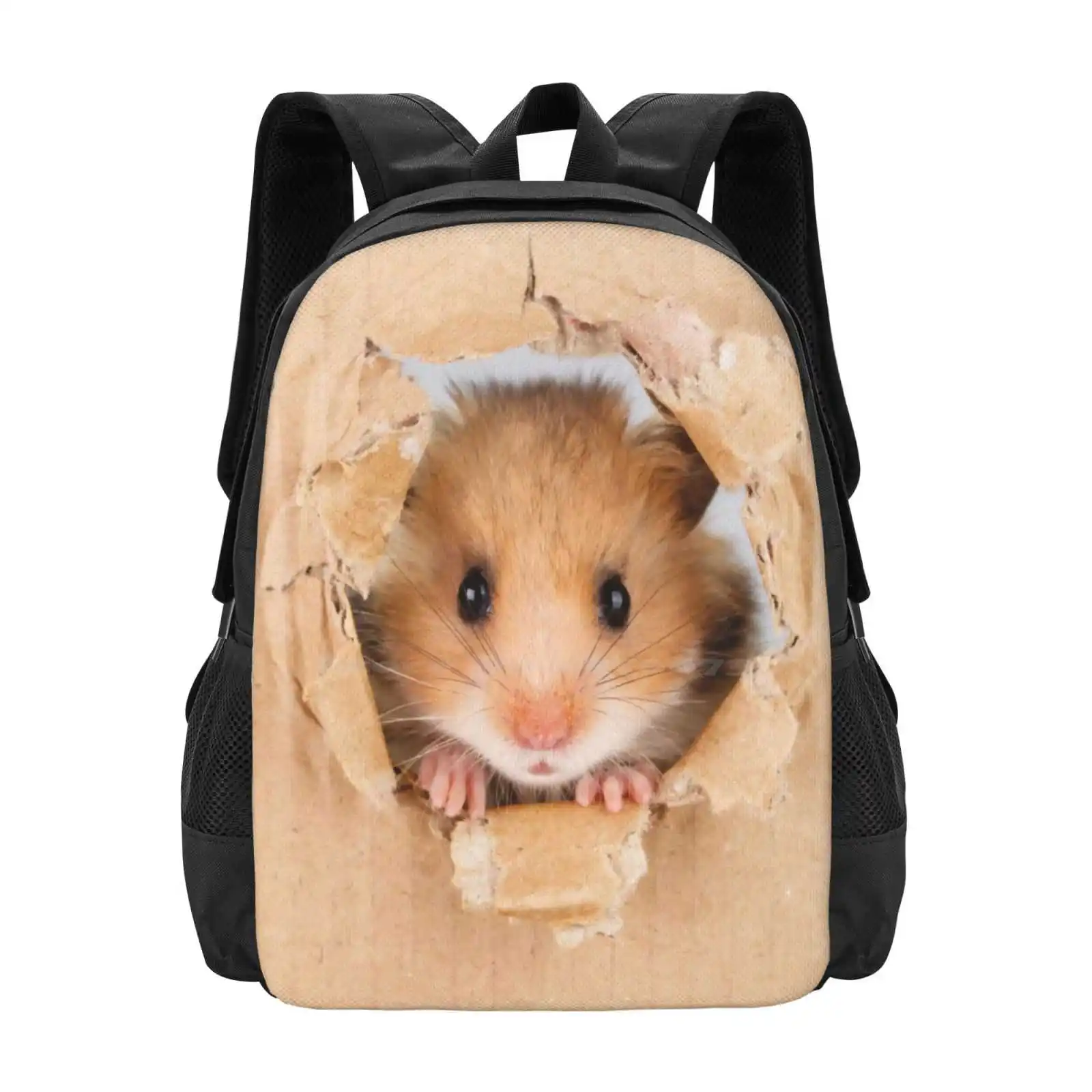 

Cant Breathe-Cute Hamster Peeping Through Hole In Brown Cardboard 3D Print Design Backpack Student Bag Cant Breathe Cute