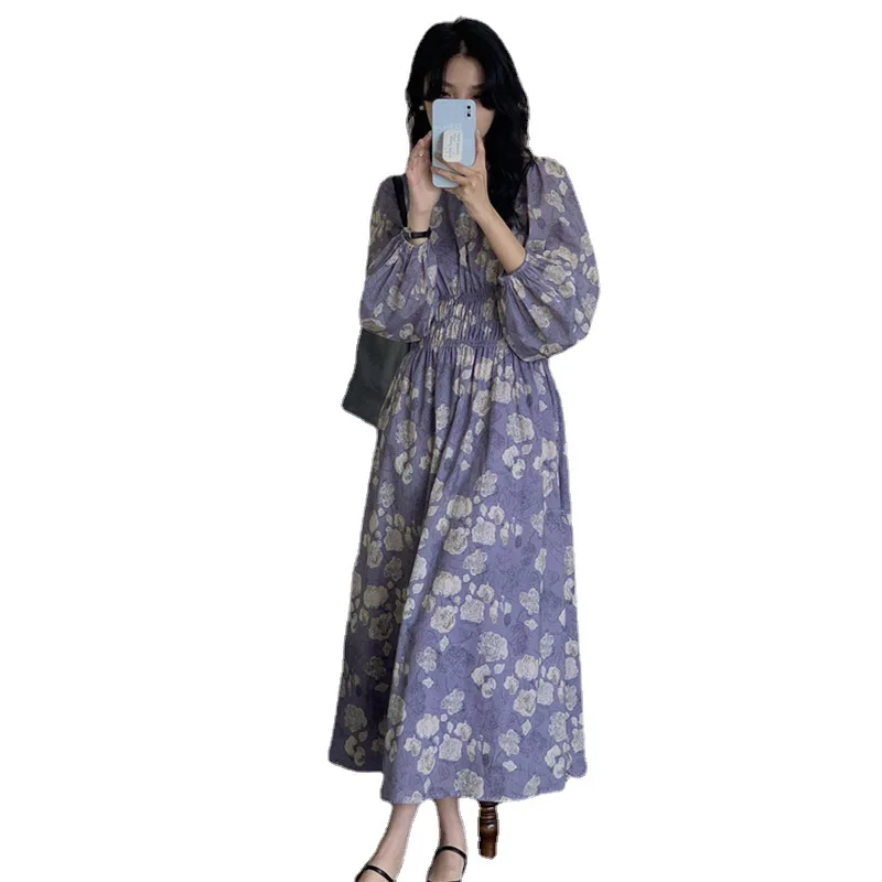 French Retro Waist Collection Floral Dress 2023 New Loose and Thin Long Sleeve Purple Pastoral Wind Long Long Dresses for Women