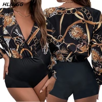 hljgg womens sexy v neck bodycon jumpsuit print long sleeve summer beach party beach playsuits short pant biker rompers 2022