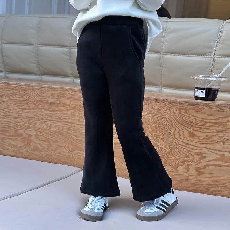 

Зимние однотонные бархатные теплые расклешенные брюки для девочек, детские плотные Облегающие расклешенные брюки с флисовой подкладкой