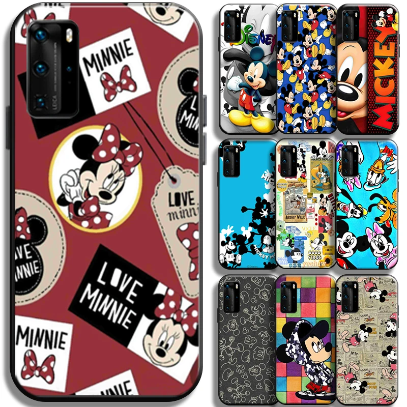 

Disney Mickey Minnie Mouse Phone Case For Huawei P40 P40 Pro Lite 5G Liquid Silicon Carcasa Coque Shockproof Cover Black Funda