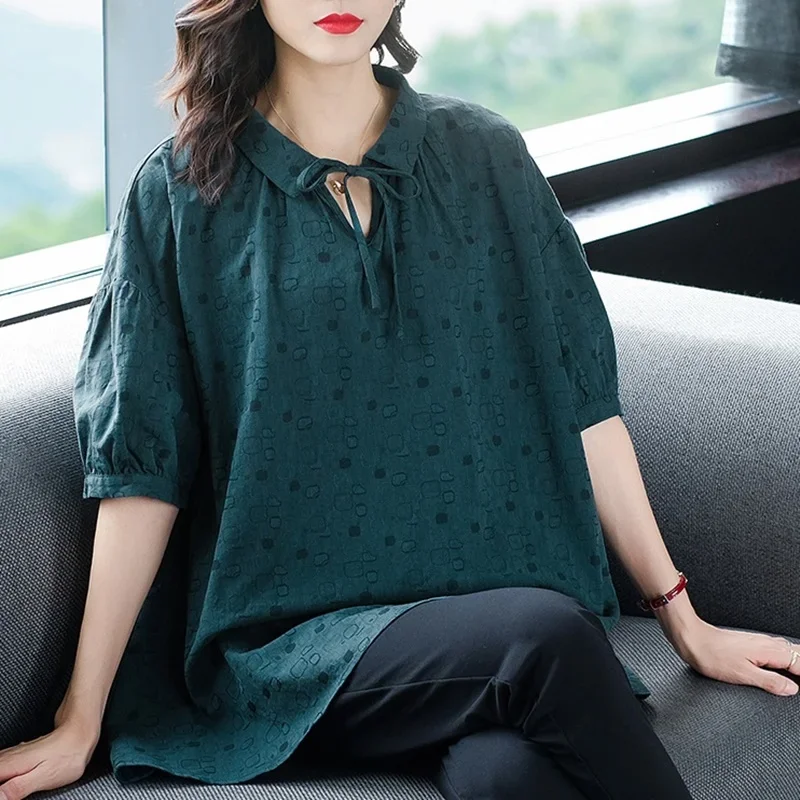 

Chinese Style Shirts Short Sleeve Blouse Women 2023 Summer New Lace Up Loose Casual Vintage Women Cotton Soft Tops 10590