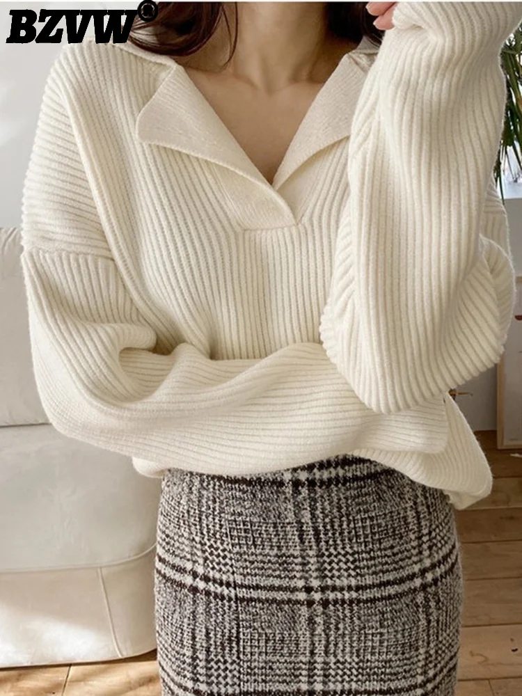 

BZVW Casual Fashion Polo Collar Knitted Pullover Women's Solid Color Loose Versatile Niche Female Tops Sweater 2023 New 25X01740
