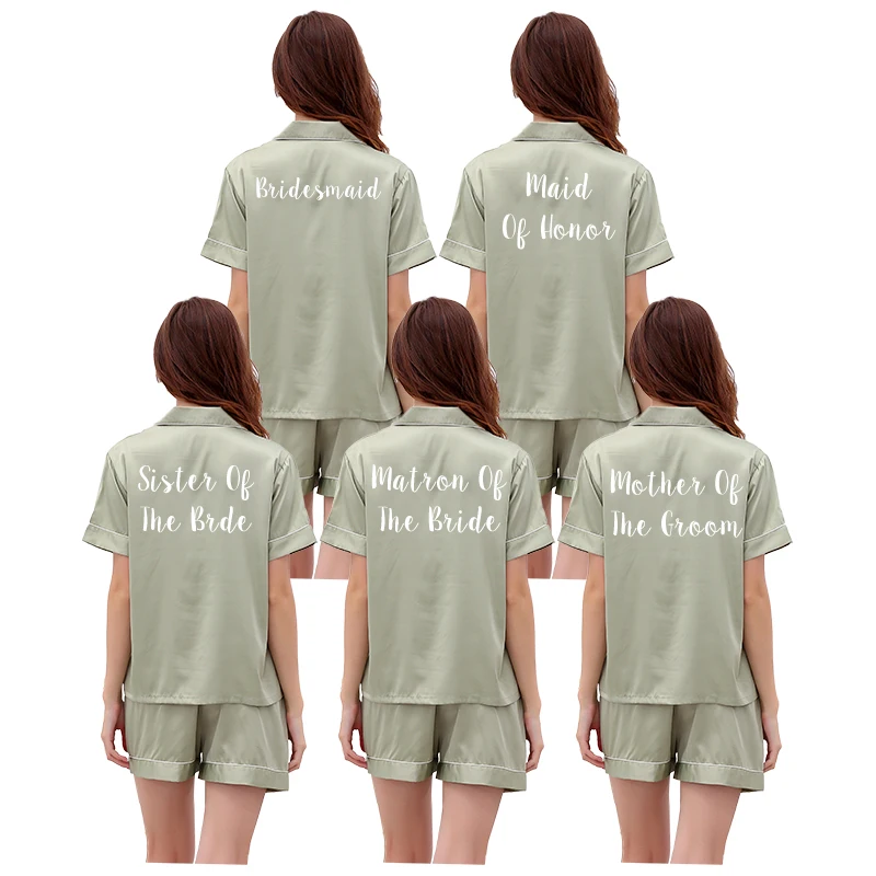 sage green short pajamas set women sleepwear bridesmaid pajamas suit white bride pijamas printing matte satin silk pyjamas