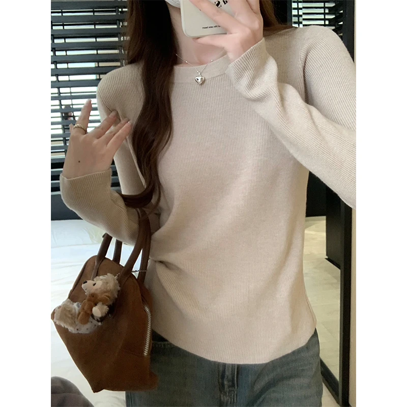 Повседневная однотонная трикотажная базовая рубашка с круглым вырезом женские