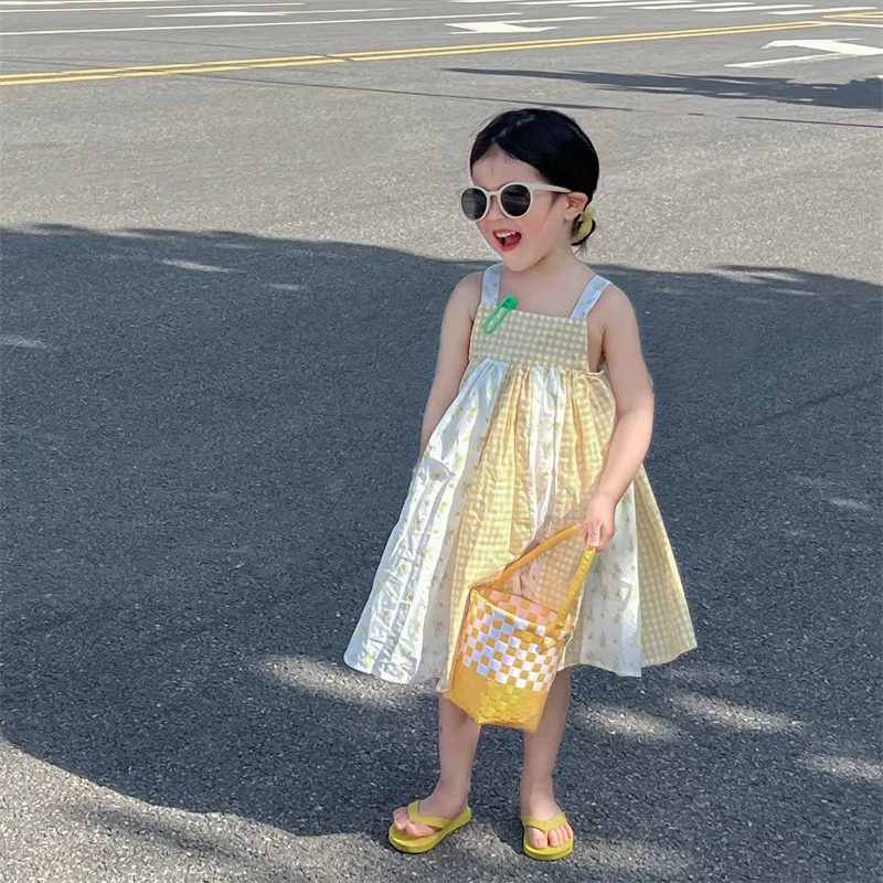 Платья для девочек новинка 2024 летняя детская одежда в корейском стиле клетчатая