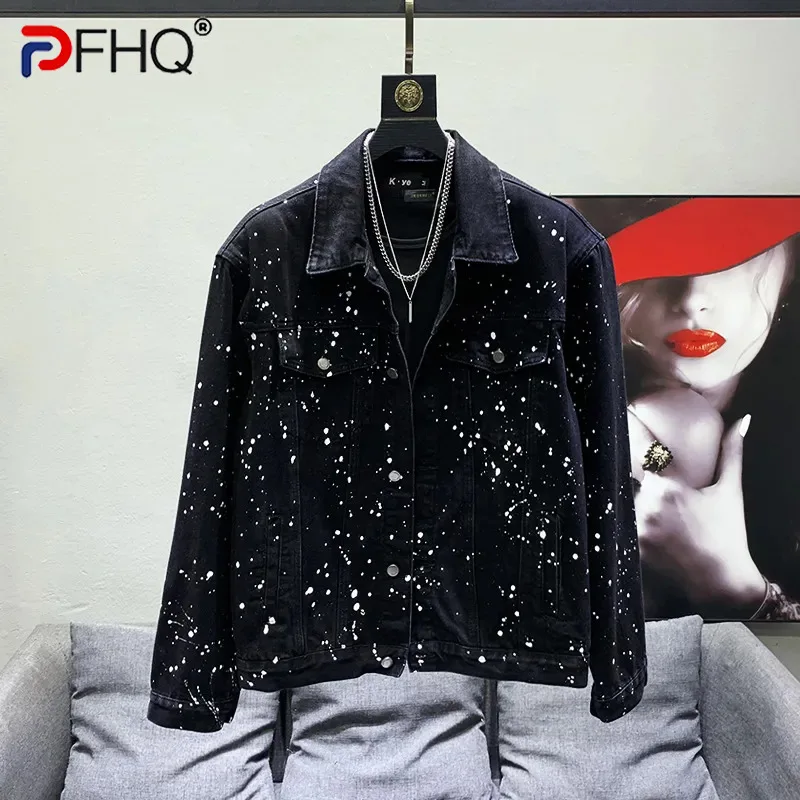 

PFHQ Trendy Niche Design Men's Splash-ink Denim Coat High Quality Autumn Streetwear Handsome Light Luxury Jackets Tide 21F2004