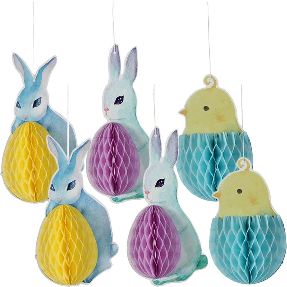 

Honeycomb Easter Hanging Ornament Paper Bunny Decor Rabbit Egg Tissue Cutouts Decorations Party Pom Chick Pendants Ceiling 3D