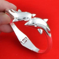 anglang fashion silver colour woman cuff bracelet double dolphin design adjustable charm vintage bangle wedding jewelry gifts
