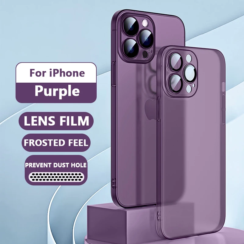 

Translucent Frosted Case for iPhone 12 13 14 Pro Max Plus Lens Tempered Glass Protection with Dust Filter Luxury PC Hard Cover
