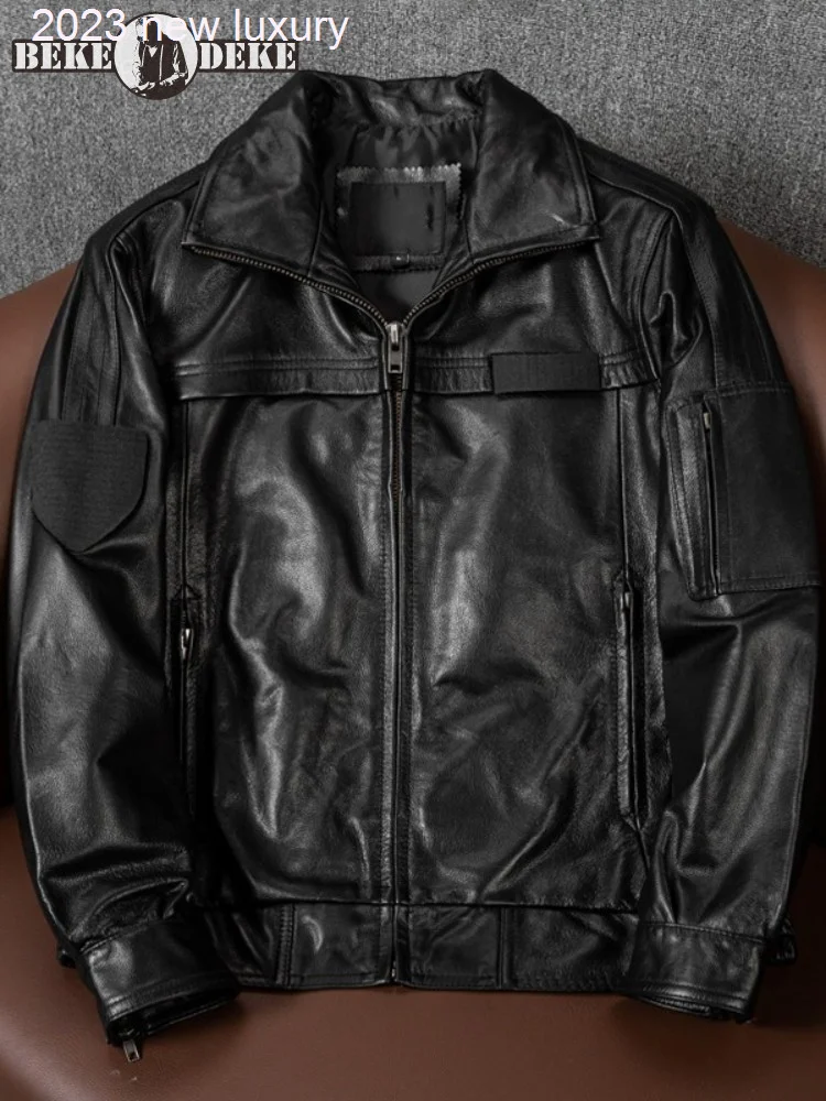 

Мужская короткая куртка-пилот из натуральной кожи, с отложным воротником