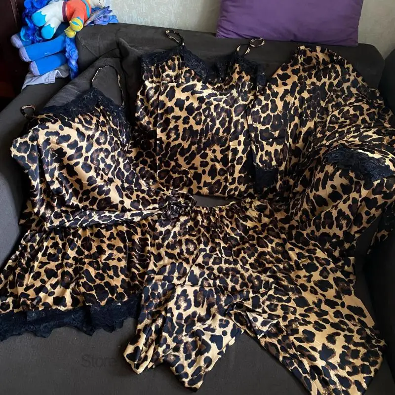 Халат Леопардовый женский сексуальная пижама ночная рубашка шелковая свободное