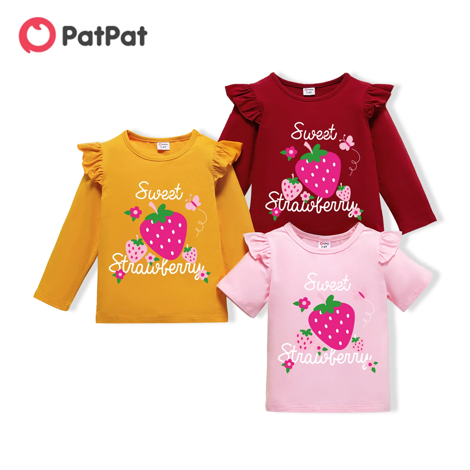 

PatPat 3-Pack Toddler Girl Graphic Strawberry and Letter Print Ruffled Tee Set