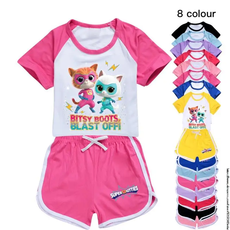 Пижамный комплект SuperKitties из аниме летняя детская футболка с коротким рукавом