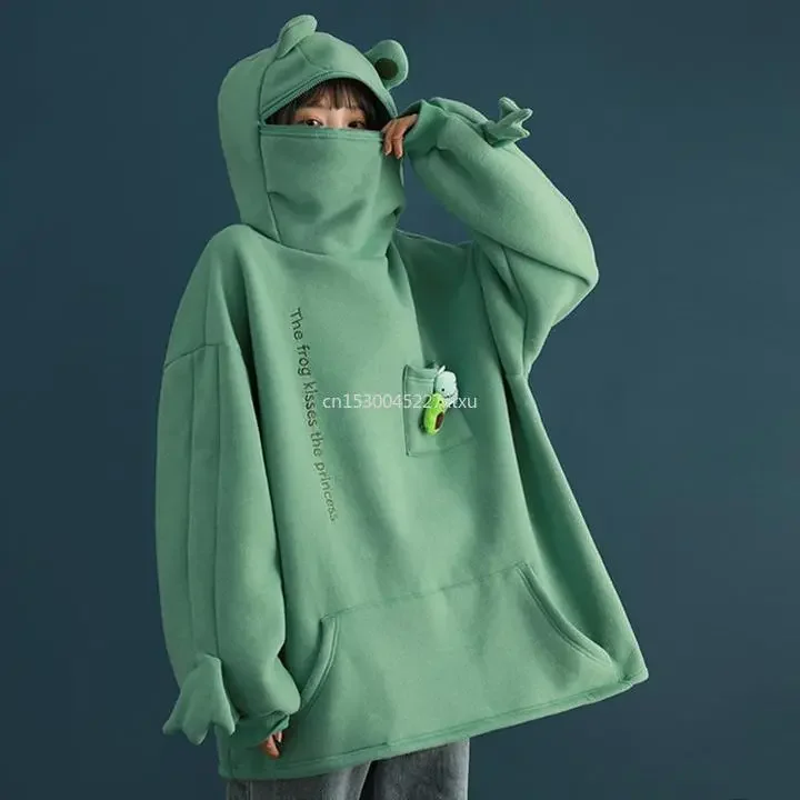

NEW 2023 Frog Zipper Hoodie Fleece Lined Springtime Embroidery Sweatshirt Harajuku Warm Pullover Korean Style Dropship
