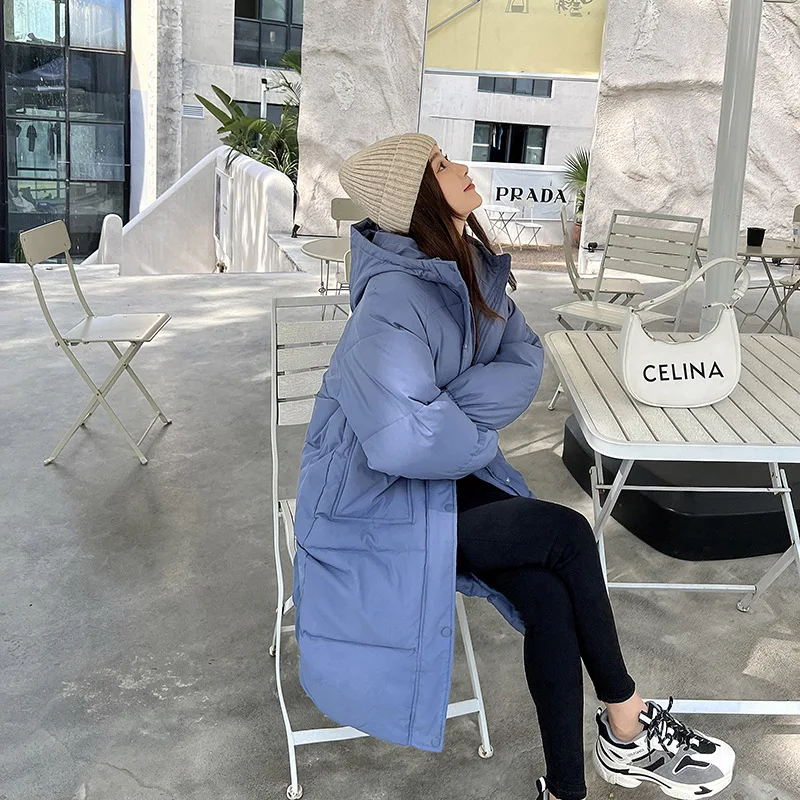 

Long Over-the-knee Solid Color Cotton Coat Women's 2022 Autumn and Winter New Korean Version Loose Fashion Hooded Down Coat