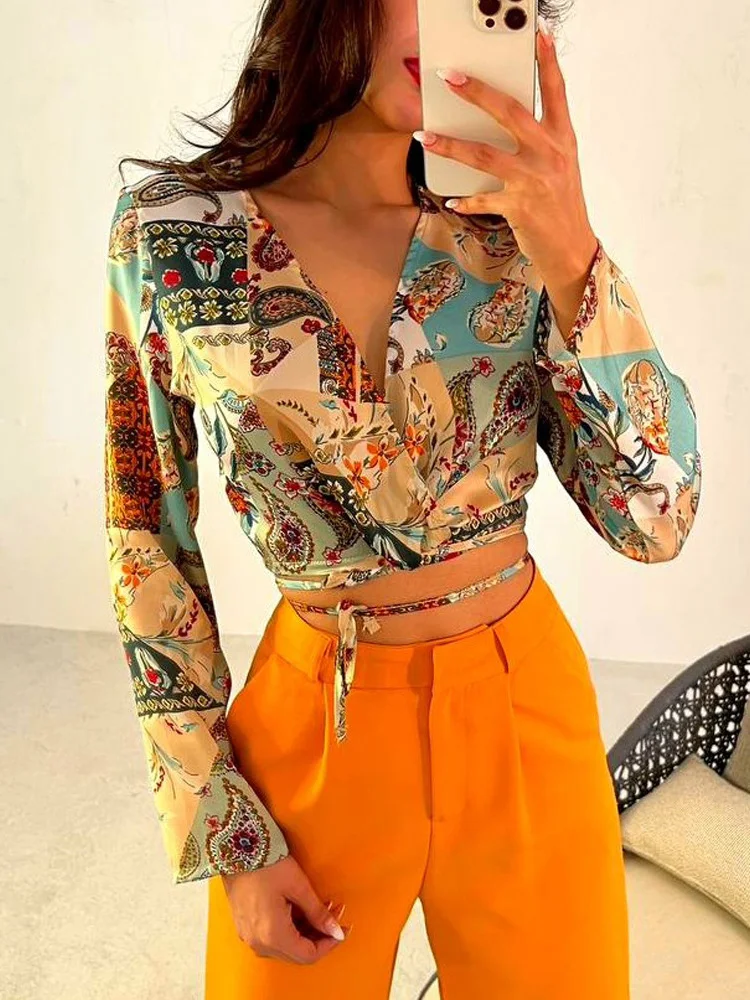 

High Street Fashion Print Set Summer Casual Long Sleeve Crop Tops Outfits With Solid Shorts Women Sexy V Neck Tie-Up Shirt Suits