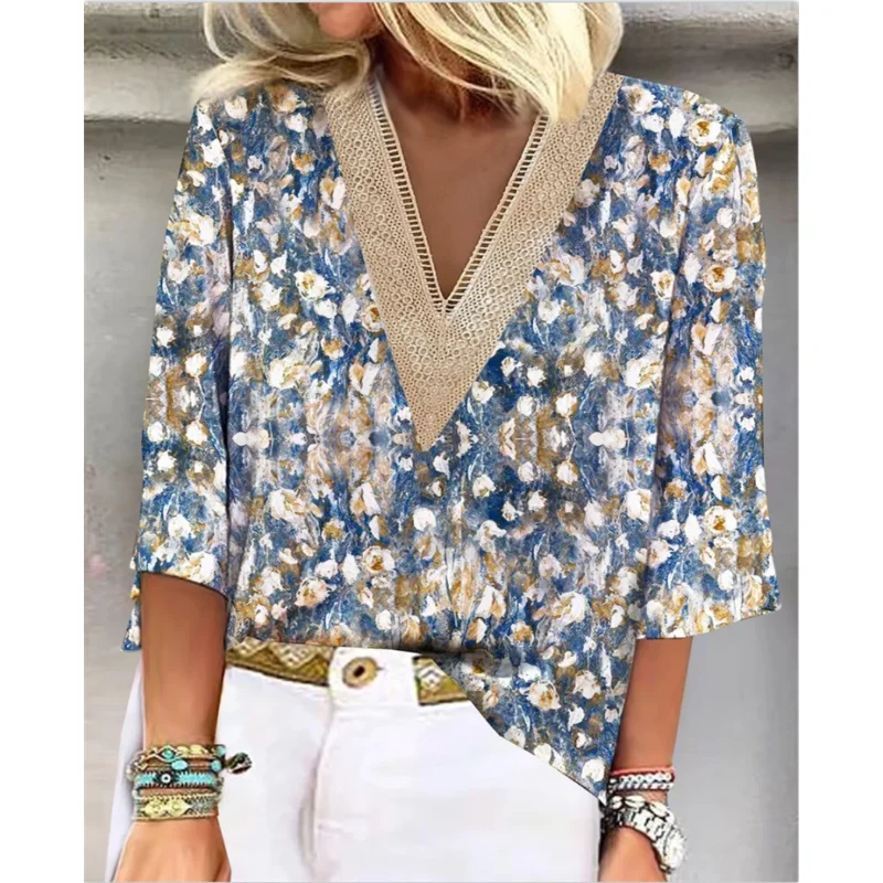 

2023 Summer Casual Top Half Sleeve Flower Print Blouse for Woman Fashion Spring Lace V Neck Elegant Shirt Loose Blusas New 26133