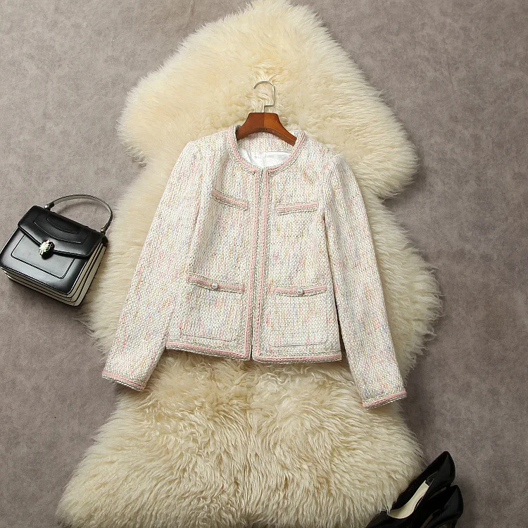 

Женская одежда в европейском и американском стиле, Новинка осени 2023, модная твидовая куртка с круглым вырезом, длинным рукавом, блестками и карманами