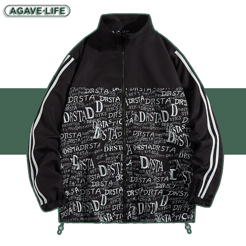 

Spring Autumn Jackets Men's Youth Letter Color Block Stand Collar Stripe Jacket Men Women Oversize Loose Cardigan Windproof Coat