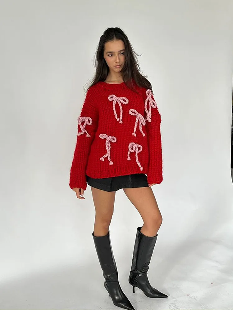 Шикарный красный пуловер с круглым вырезом и длинными рукавами теплый розовый