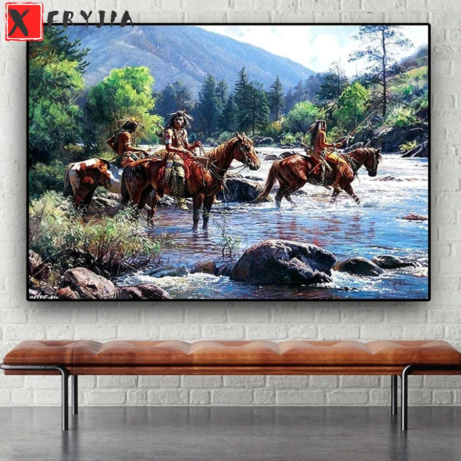 

Diamond Embroidery Indians On Horseback Picture Landscape Diamond Painting Full Square round drill Mosaic Cross Stitch Wall Art